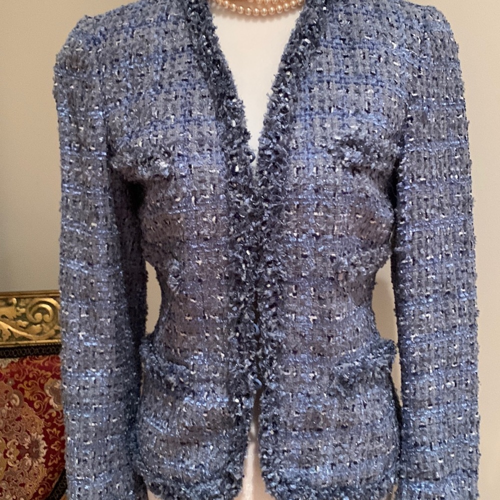 ESCADA BLUE WOOL BLEND TWEED JACKET FRINGE DETAILS WITH FRONT POCKETS SIZE XS/S